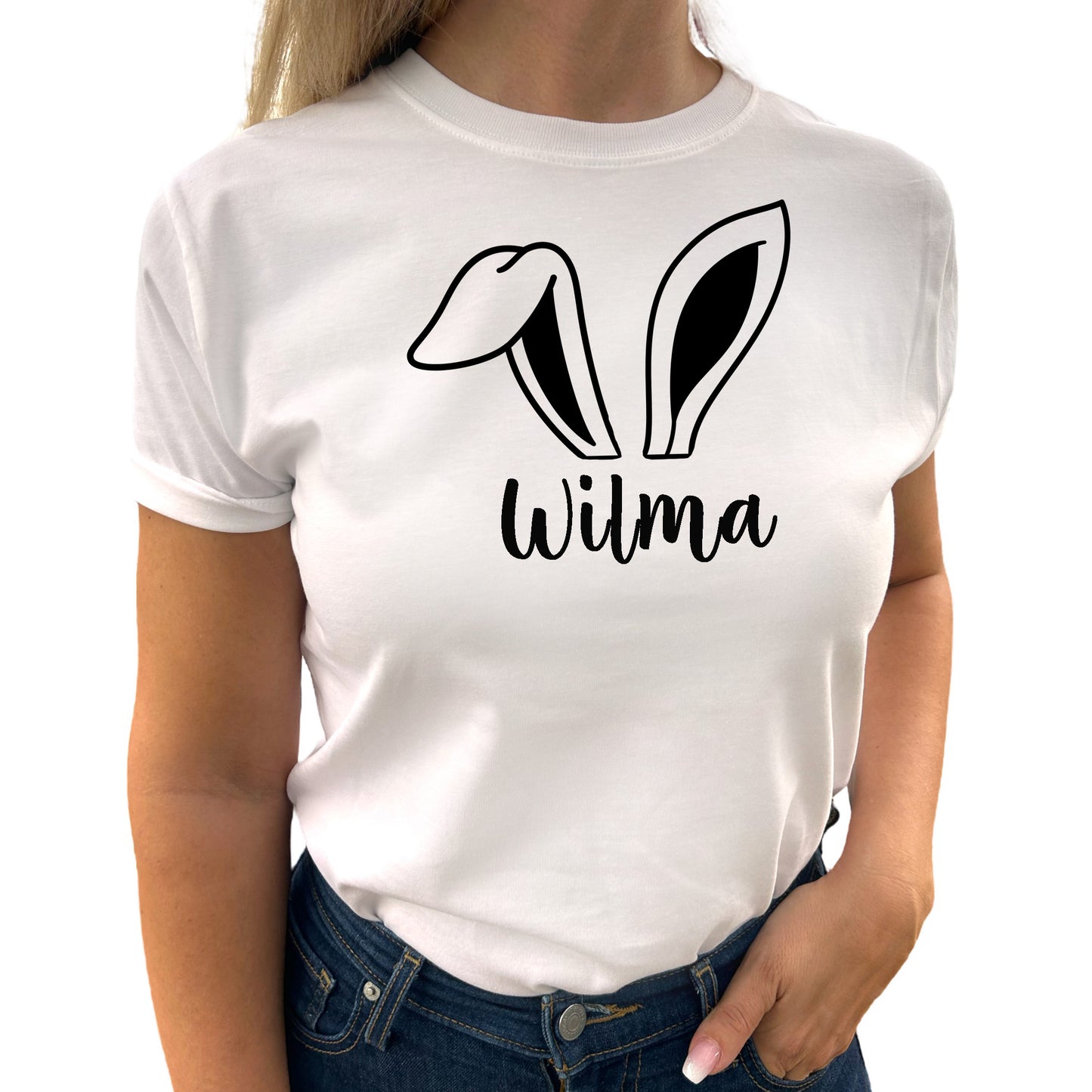 Charmiga Kaninöron T-shirt med Personligt Namn för Henne-Lovely Text