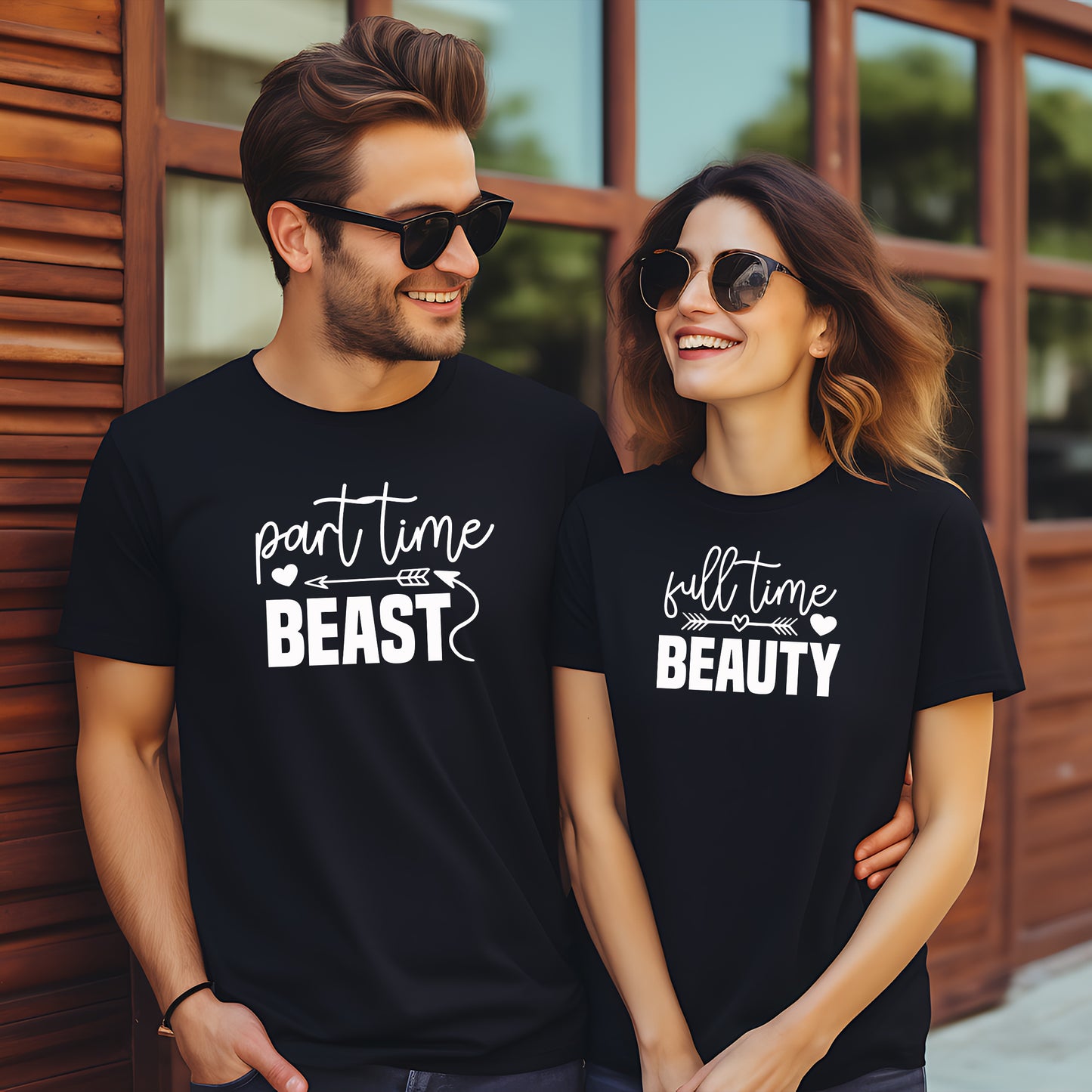 Part-Time Beast & Full-Time Beauty – T-shirts för Par-Lovely Text