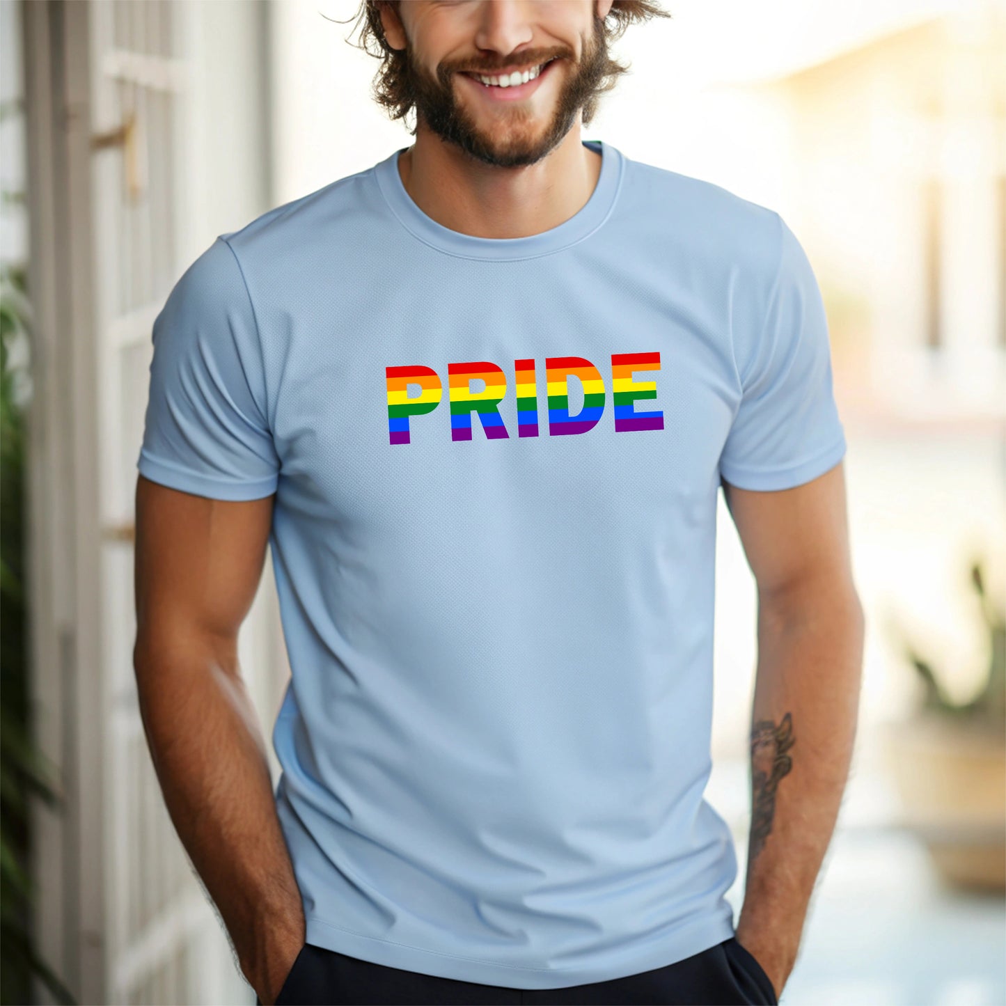 T-shirt med texten “Pride” i regnbågsfärg (Unisex)-Lovely Text
