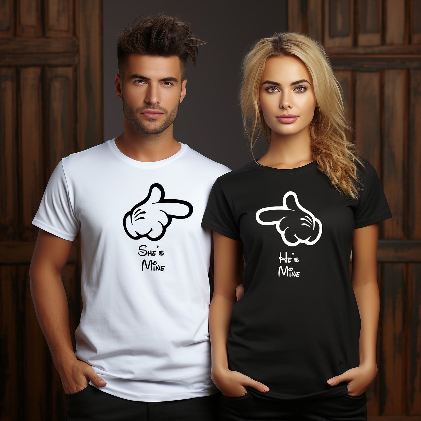 She is Mine & He is Mine – Matchande T-shirts för Par-Lovely Text