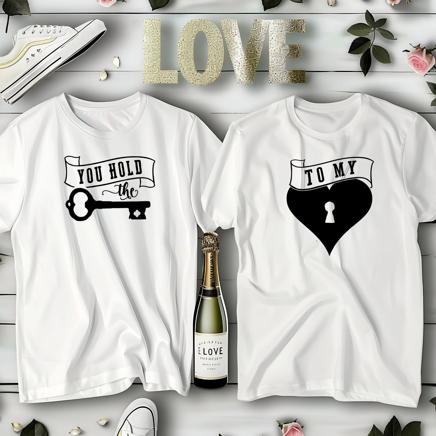 You Hold the Key & To My Heart – T-shirts för Par-Lovely Text