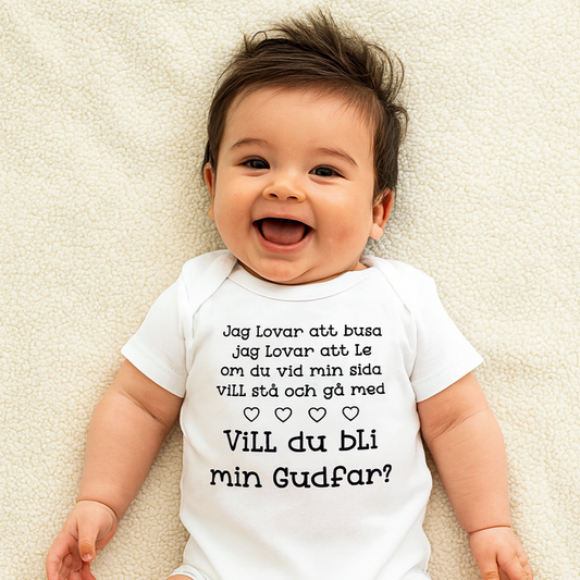Jag lovar att busa, jag lovar att le.. Vill du bli min Gudmor/Gudfar? – Personlig Babybody